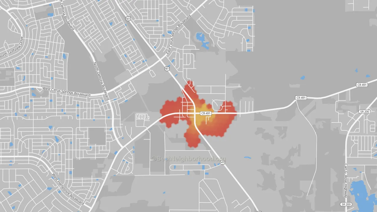 Walk Grade map of 34445, FL, walkable areas in green and car-dependent areas in red