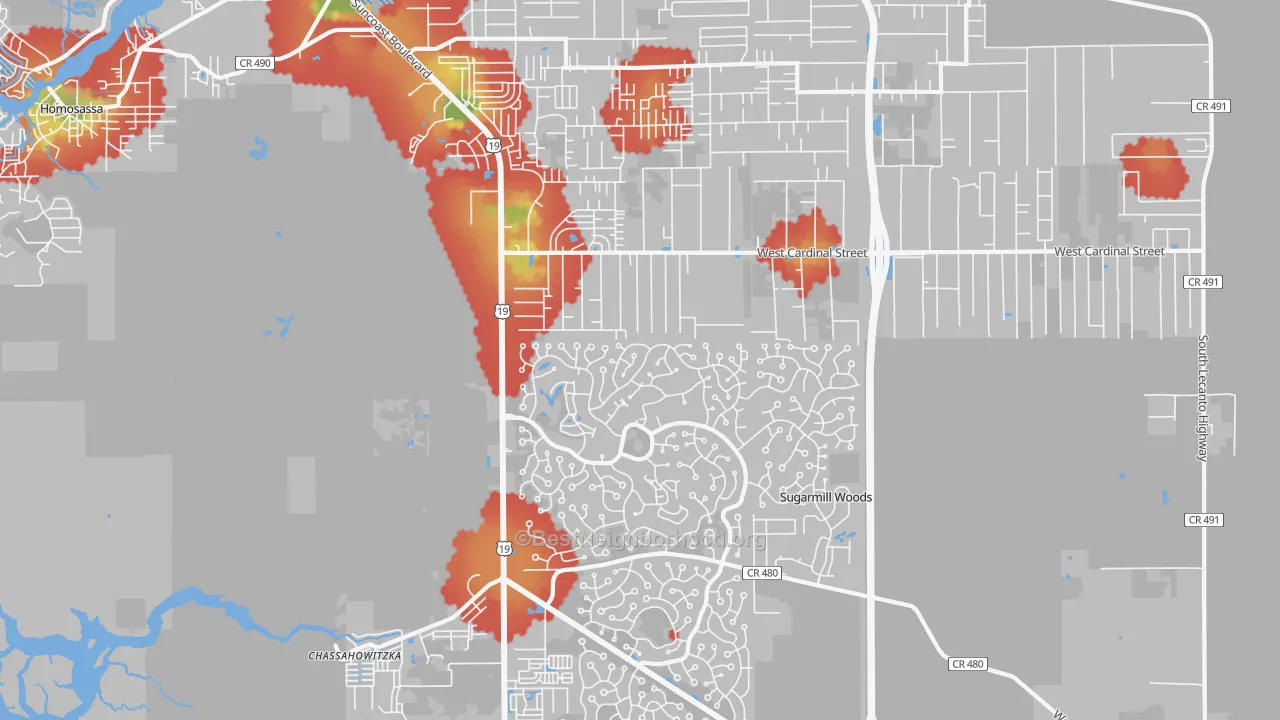 Walk Grade map of 34446, FL, walkable areas in green and car-dependent areas in red