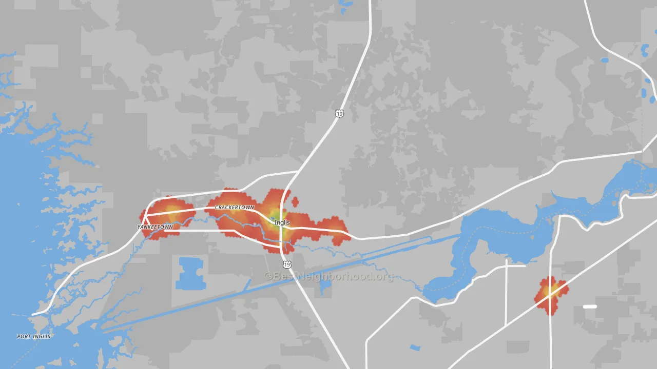 Walk Grade map of 34449, FL, walkable areas in green and car-dependent areas in red