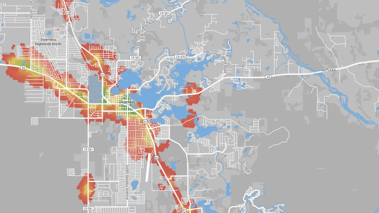 Walk Grade map of 34450, FL, walkable areas in green and car-dependent areas in red