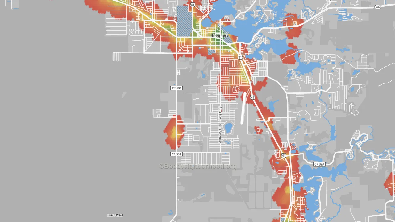 Walk Grade map of 34452, FL, walkable areas in green and car-dependent areas in red