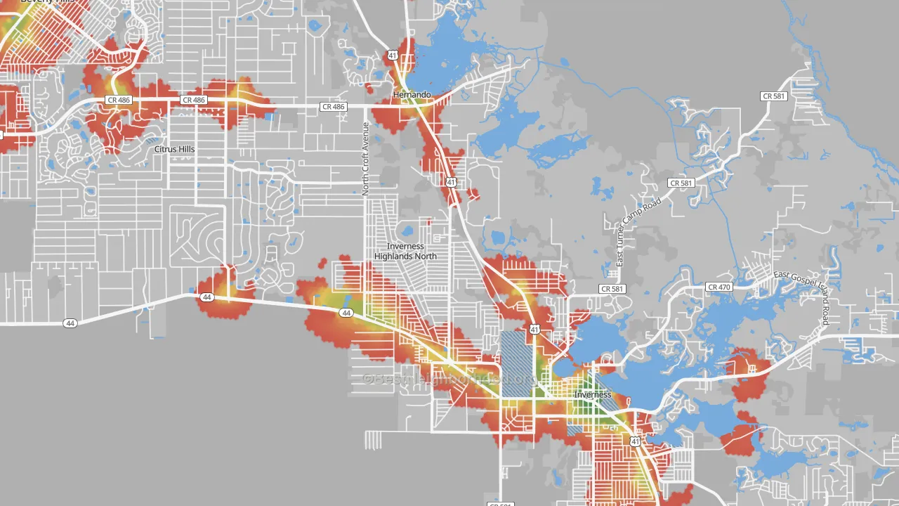Walk Grade map of 34453, FL, walkable areas in green and car-dependent areas in red
