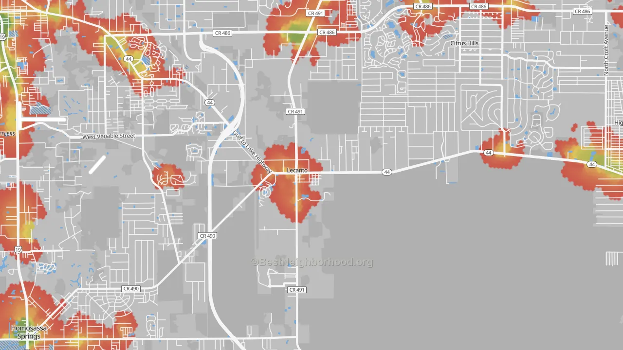 Walk Grade map of 34461, FL, walkable areas in green and car-dependent areas in red