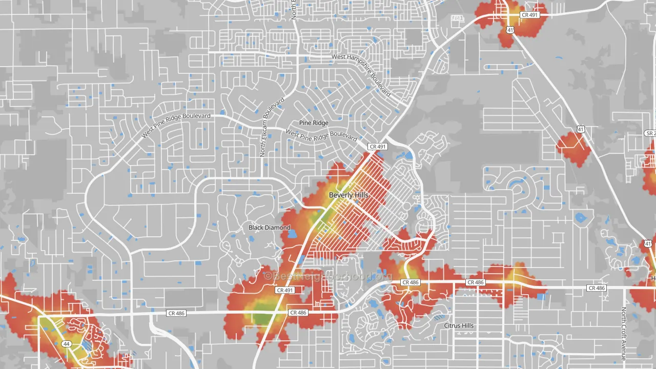Walk Grade map of 34465, FL, walkable areas in green and car-dependent areas in red