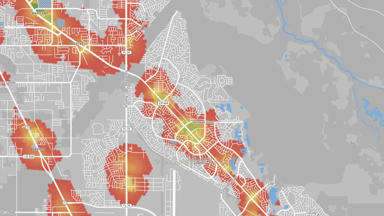 Walk Grade map of 34472, FL, walkable areas in green and car-dependent areas in red