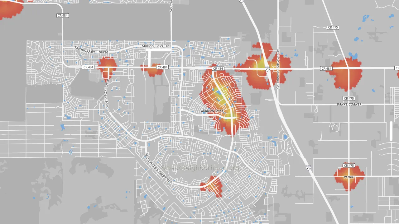 Walk Grade map of 34473, FL, walkable areas in green and car-dependent areas in red