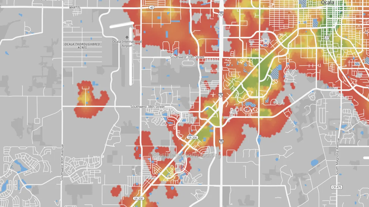 Walk Grade map of 34474, FL, walkable areas in green and car-dependent areas in red
