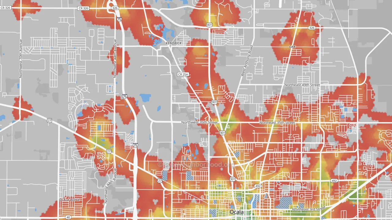 Walk Grade map of 34475, FL, walkable areas in green and car-dependent areas in red