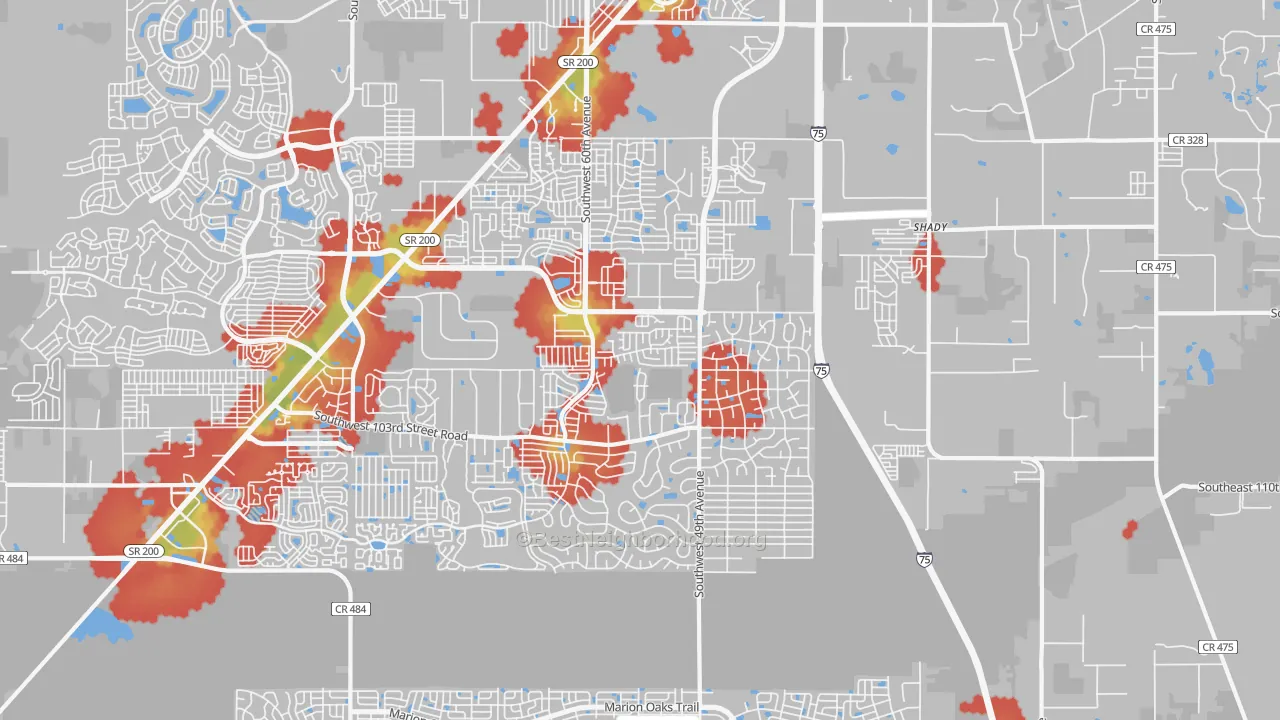 Walk Grade map of 34476, FL, walkable areas in green and car-dependent areas in red