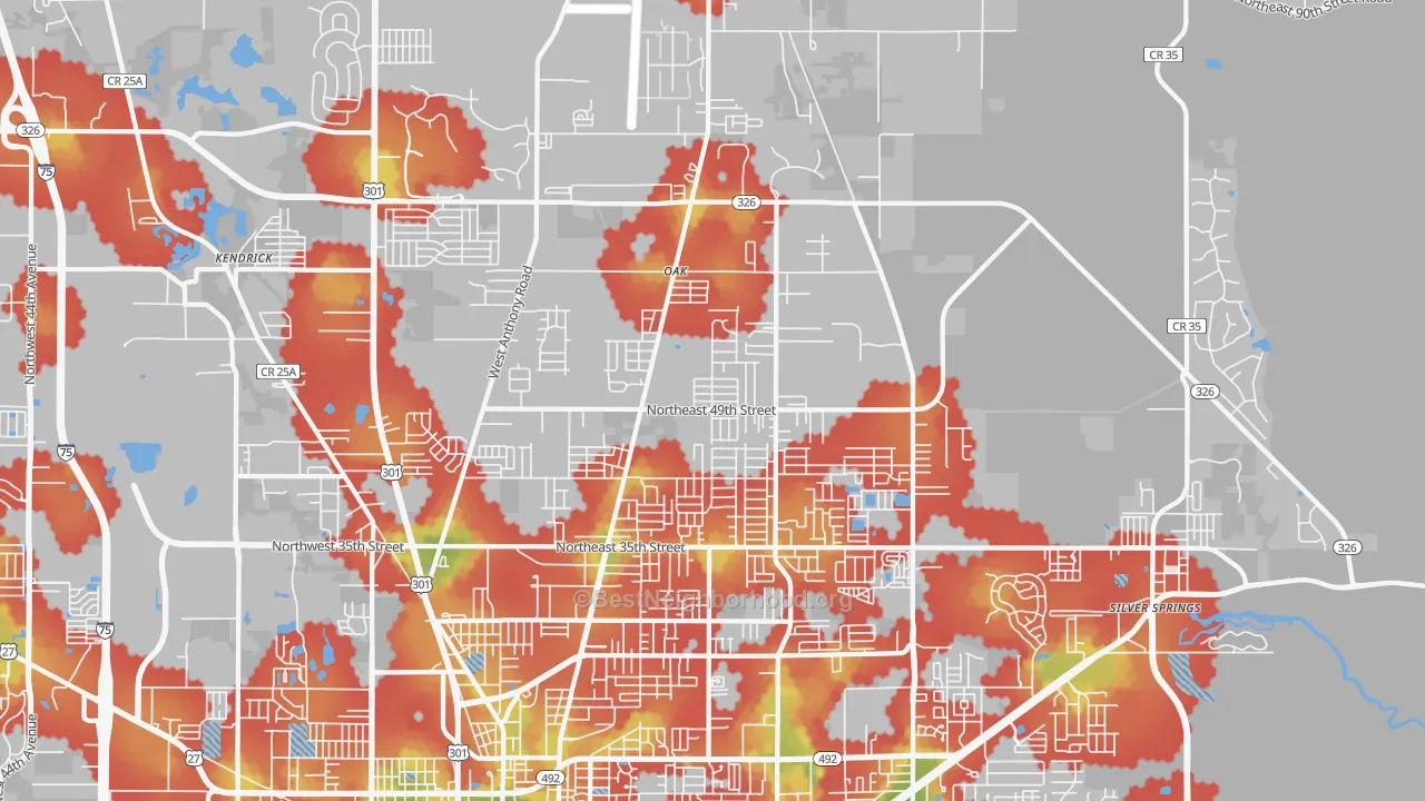 Walk Grade map of 34479, FL, walkable areas in green and car-dependent areas in red