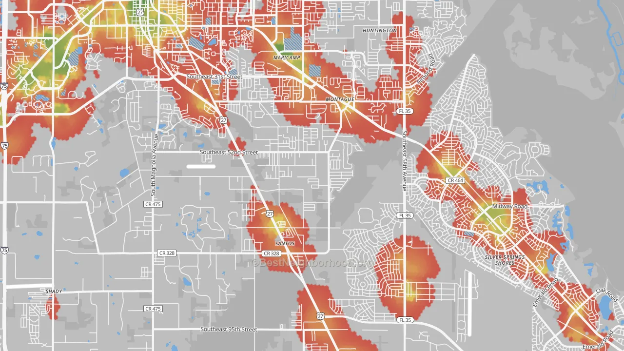 Walk Grade map of 34480, FL, walkable areas in green and car-dependent areas in red