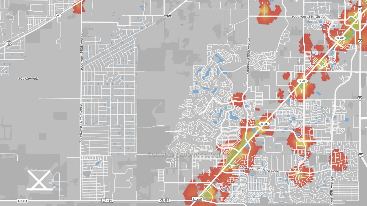 Walk Grade map of 34481, FL, walkable areas in green and car-dependent areas in red