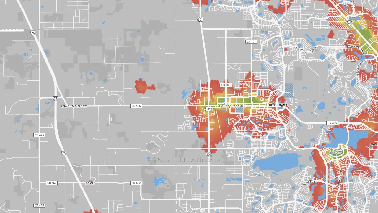 Walk Grade map of 34484, FL, walkable areas in green and car-dependent areas in red