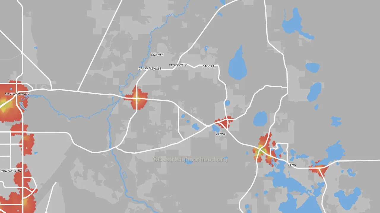 Walk Grade map of 34488, FL, walkable areas in green and car-dependent areas in red