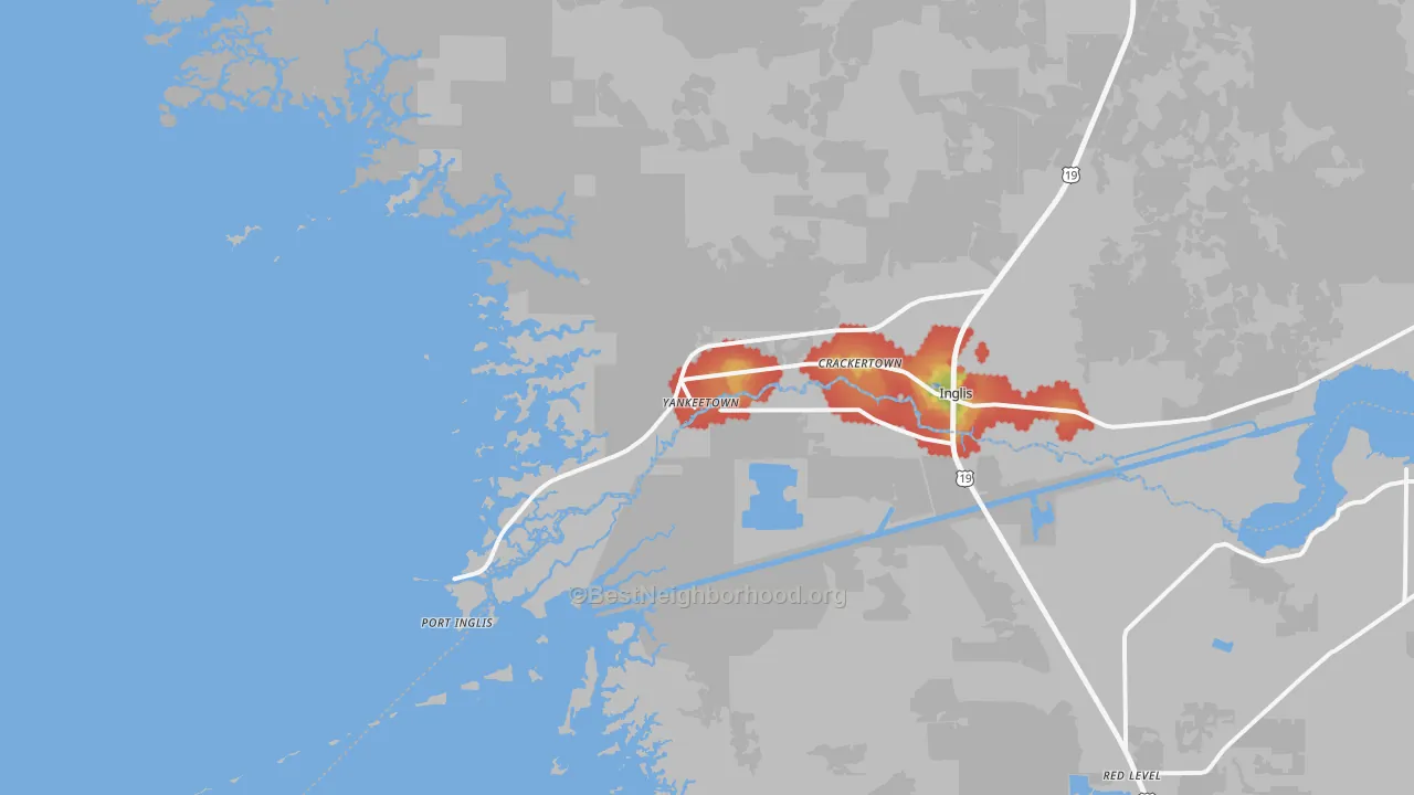 Walk Grade map of 34498, FL, walkable areas in green and car-dependent areas in red