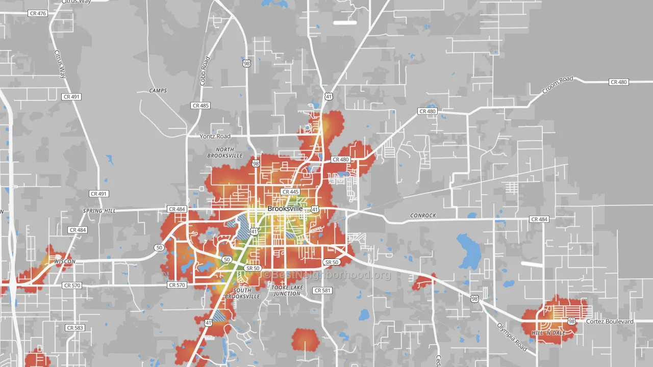 Walk Grade map of 34601, FL, walkable areas in green and car-dependent areas in red