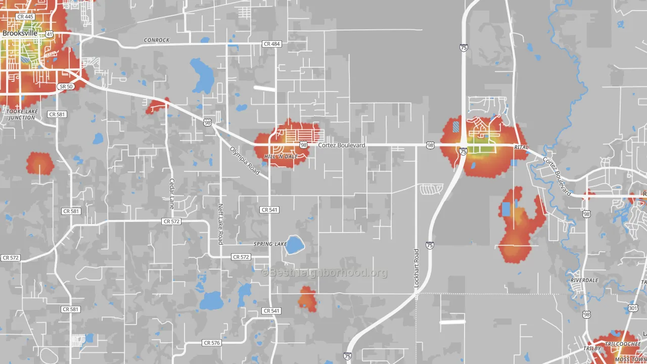 Walk Grade map of 34602, FL, walkable areas in green and car-dependent areas in red