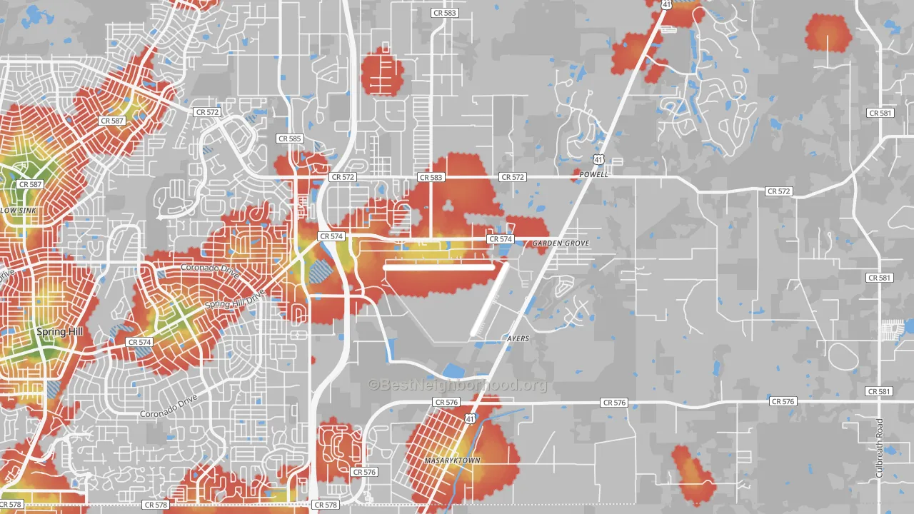 Walk Grade map of 34604, FL, walkable areas in green and car-dependent areas in red