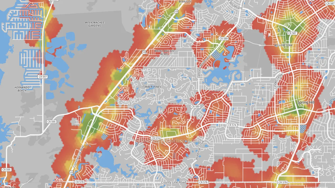 Walk Grade map of 34606, FL, walkable areas in green and car-dependent areas in red