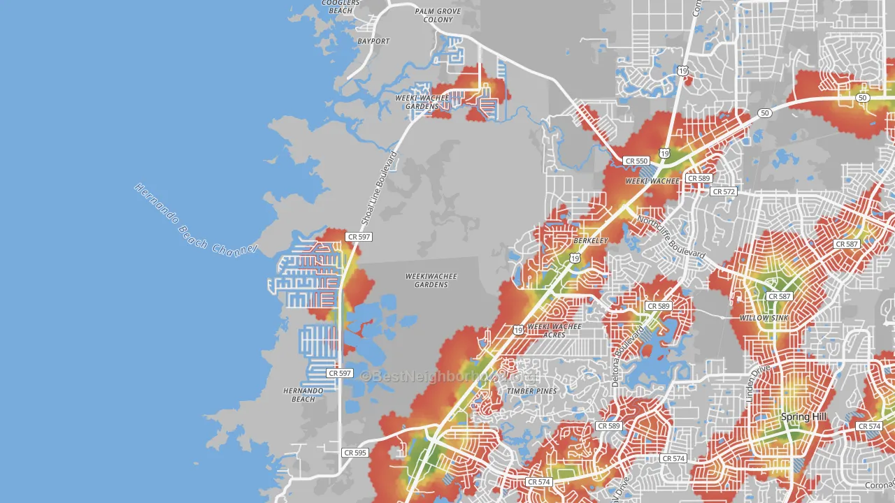 Walk Grade map of 34607, FL, walkable areas in green and car-dependent areas in red