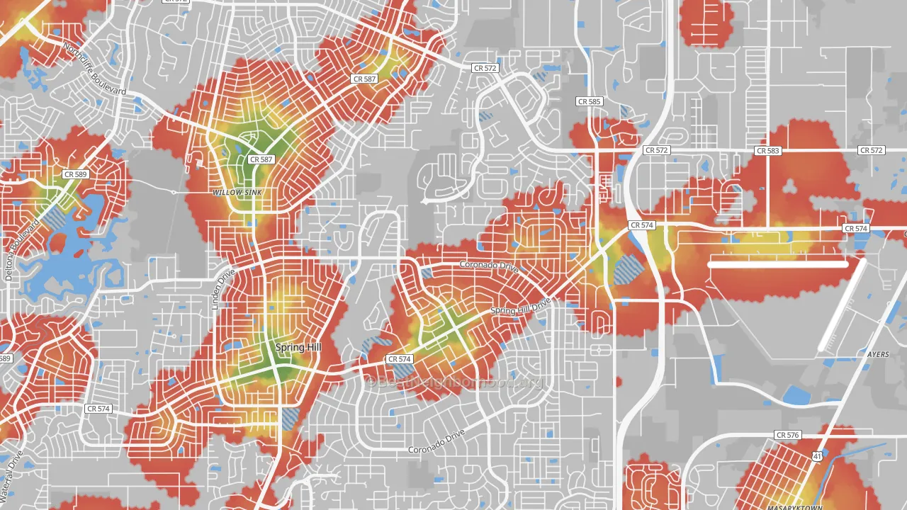 Walk Grade map of 34609, FL, walkable areas in green and car-dependent areas in red