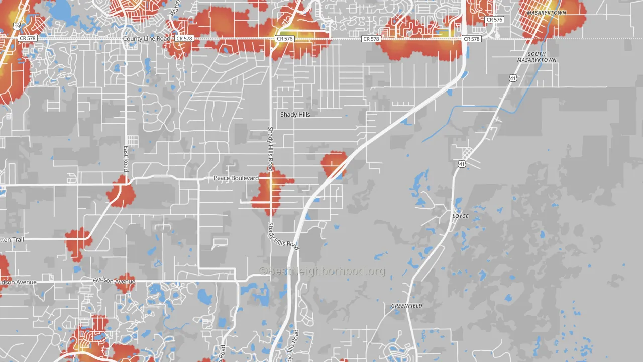 Walk Grade map of 34610, FL, walkable areas in green and car-dependent areas in red