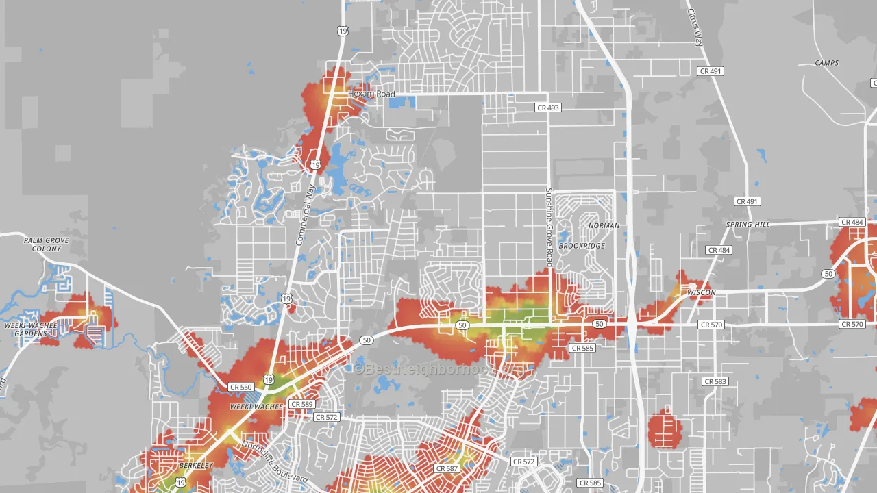 Walk Grade map of 34613, FL, walkable areas in green and car-dependent areas in red