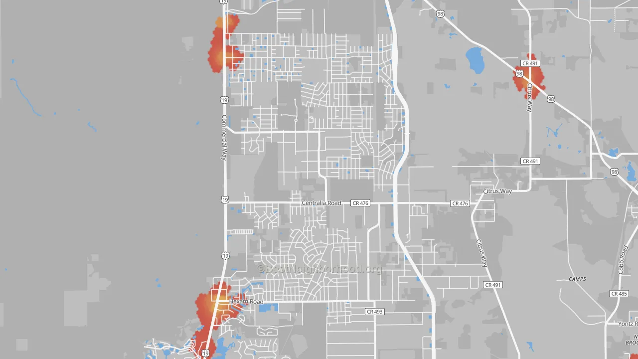 Walk Grade map of 34614, FL, walkable areas in green and car-dependent areas in red