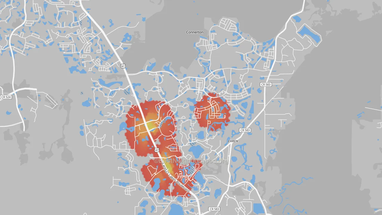 Walk Grade map of 34637, FL, walkable areas in green and car-dependent areas in red