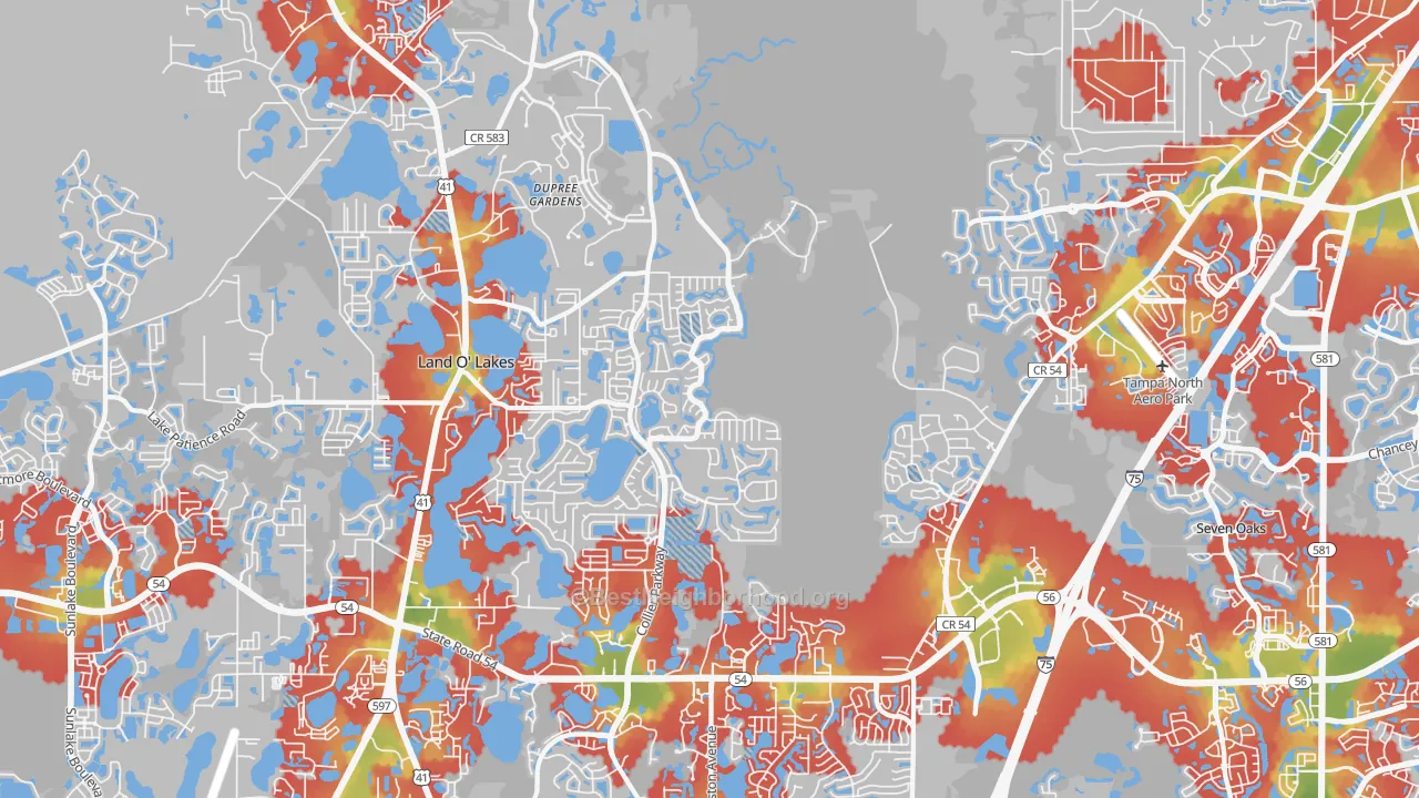 Walk Grade map of 34639, FL, walkable areas in green and car-dependent areas in red