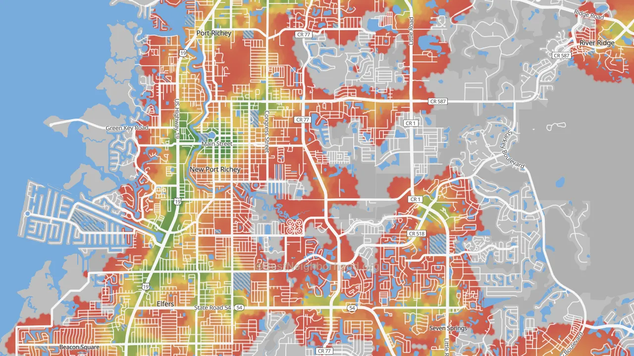 Walk Grade map of 34653, FL, walkable areas in green and car-dependent areas in red
