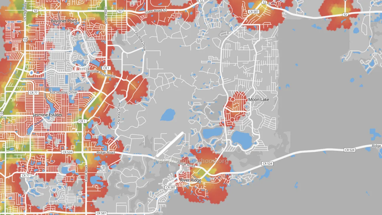 Walk Grade map of 34654, FL, walkable areas in green and car-dependent areas in red