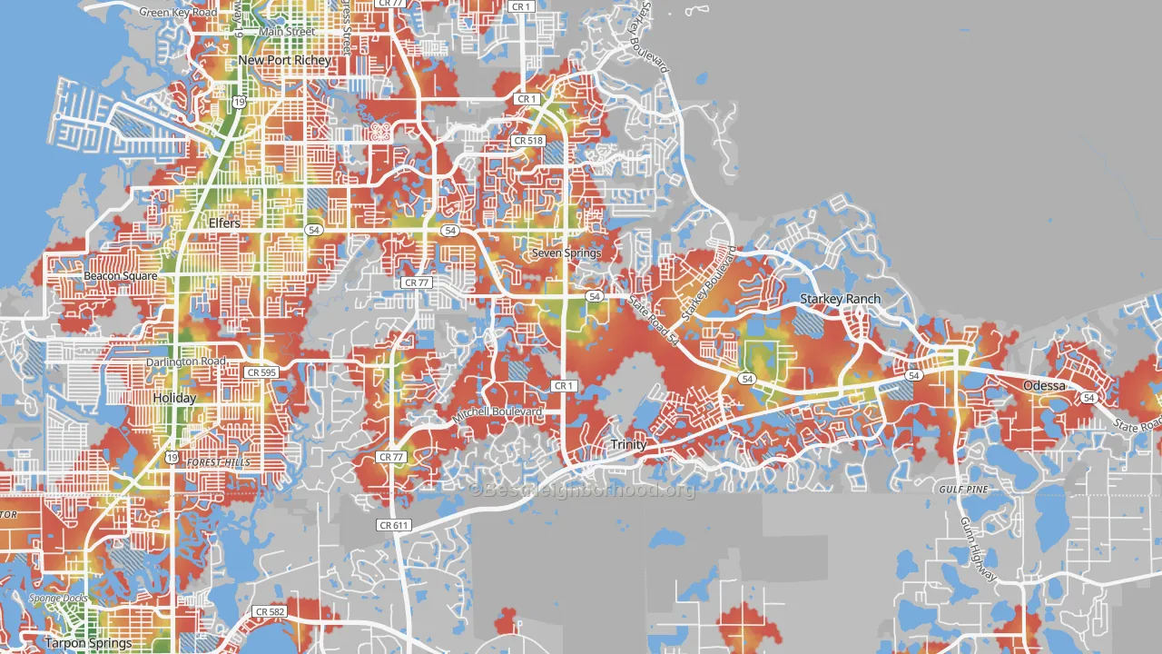 Walk Grade map of 34655, FL, walkable areas in green and car-dependent areas in red