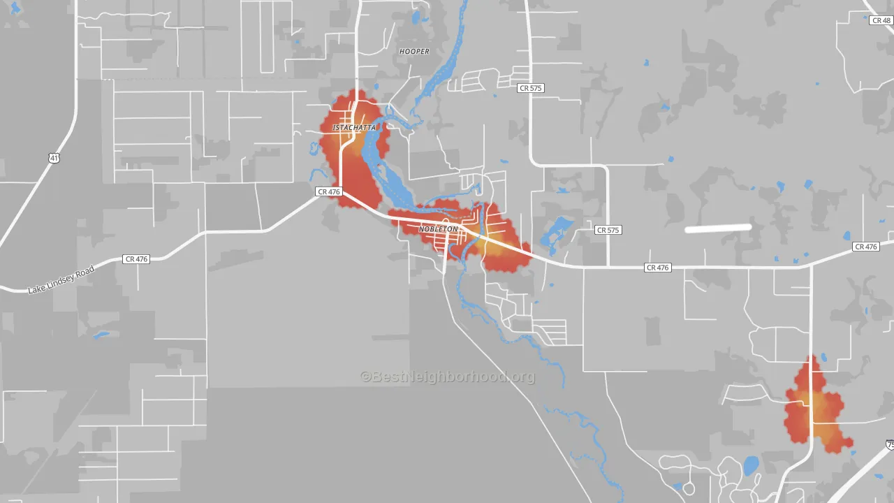 Walk Grade map of 34661, FL, walkable areas in green and car-dependent areas in red