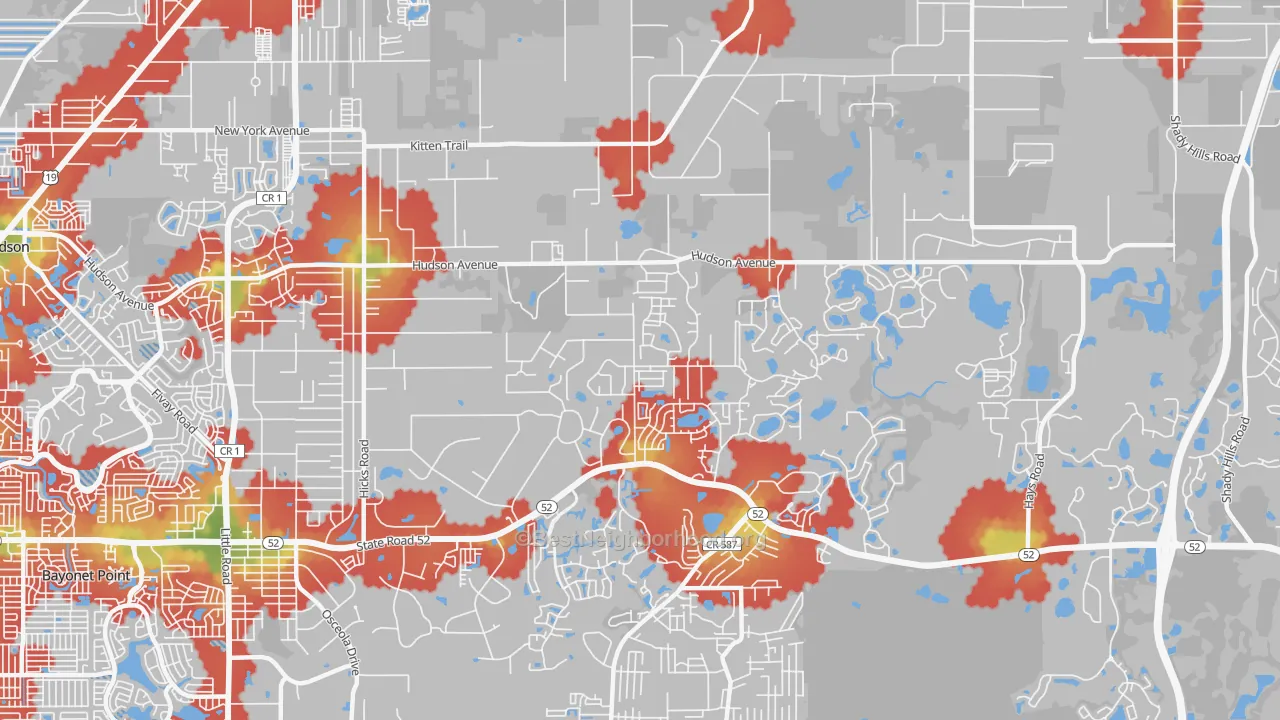 Walk Grade map of 34669, FL, walkable areas in green and car-dependent areas in red