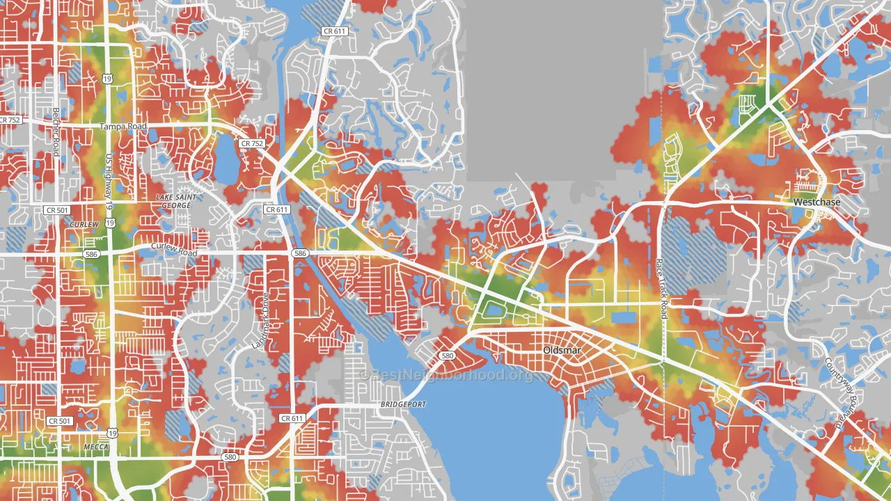Walk Grade map of 34677, FL, walkable areas in green and car-dependent areas in red