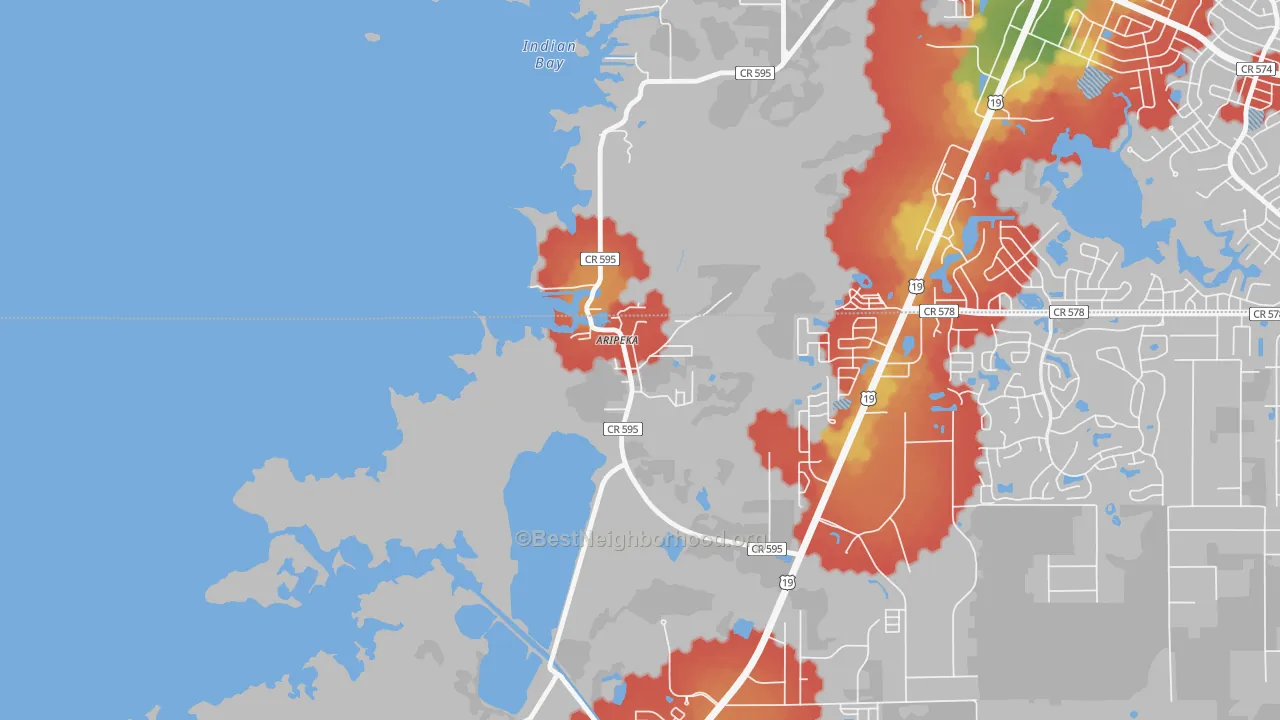 Walk Grade map of 34679, FL, walkable areas in green and car-dependent areas in red