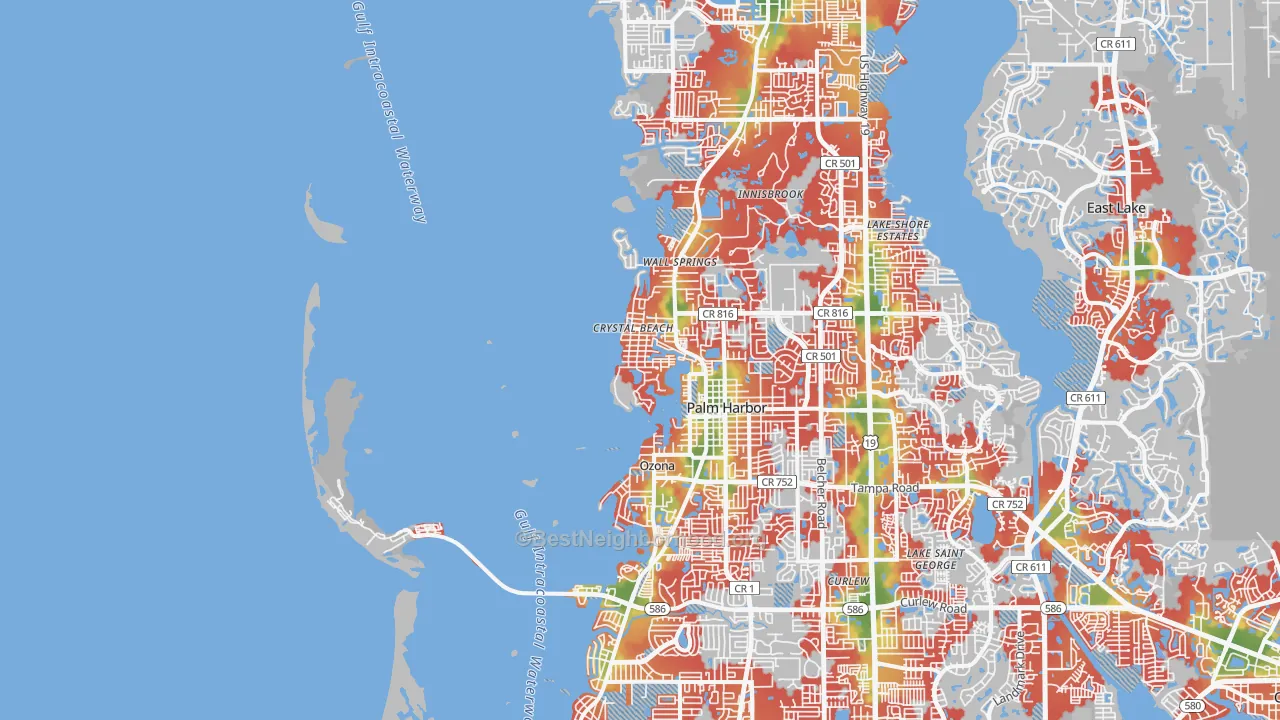 Walk Grade map of 34681, FL, walkable areas in green and car-dependent areas in red
