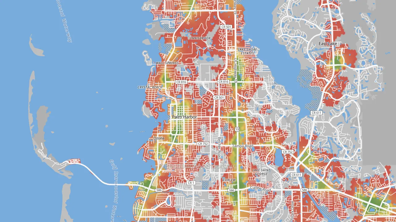 Walk Grade map of 34683, FL, walkable areas in green and car-dependent areas in red