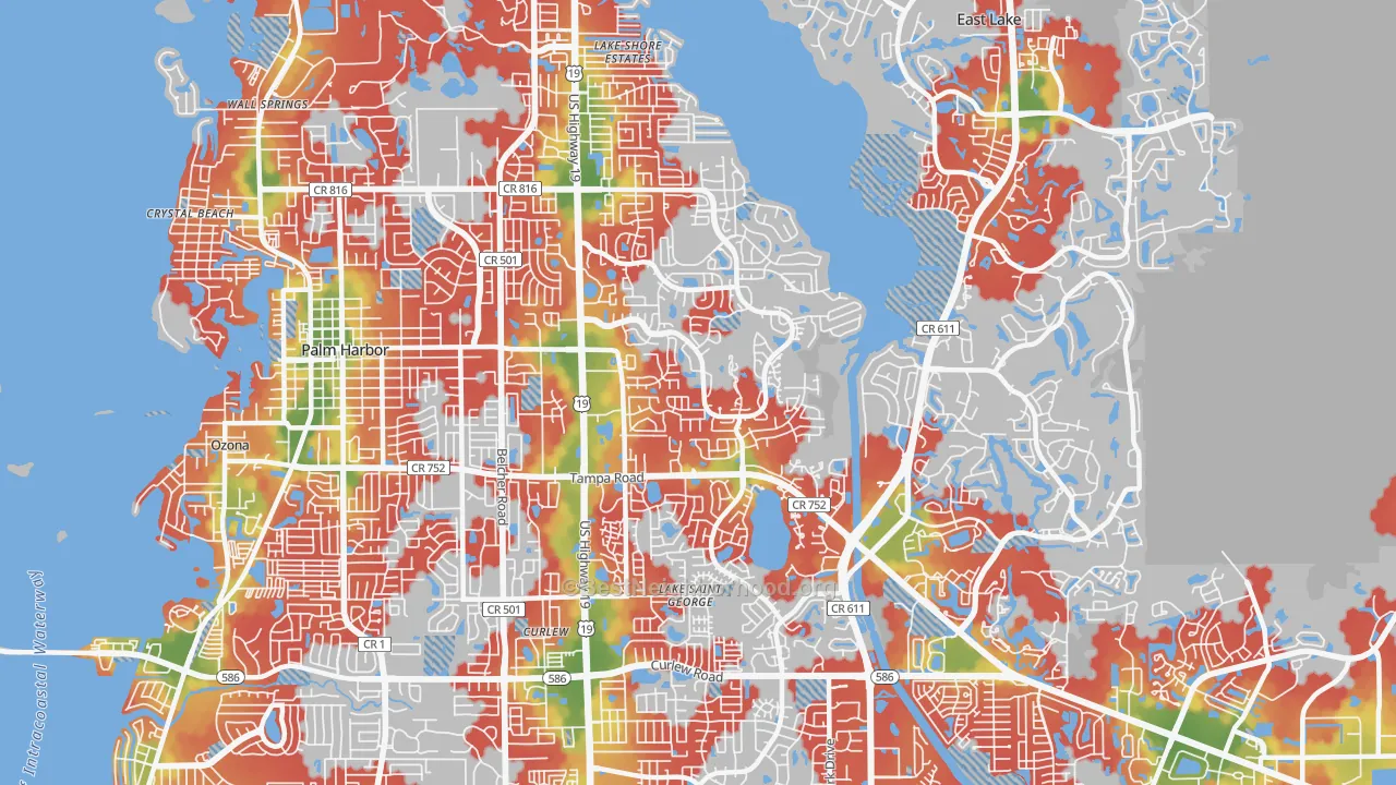 Walk Grade map of 34684, FL, walkable areas in green and car-dependent areas in red