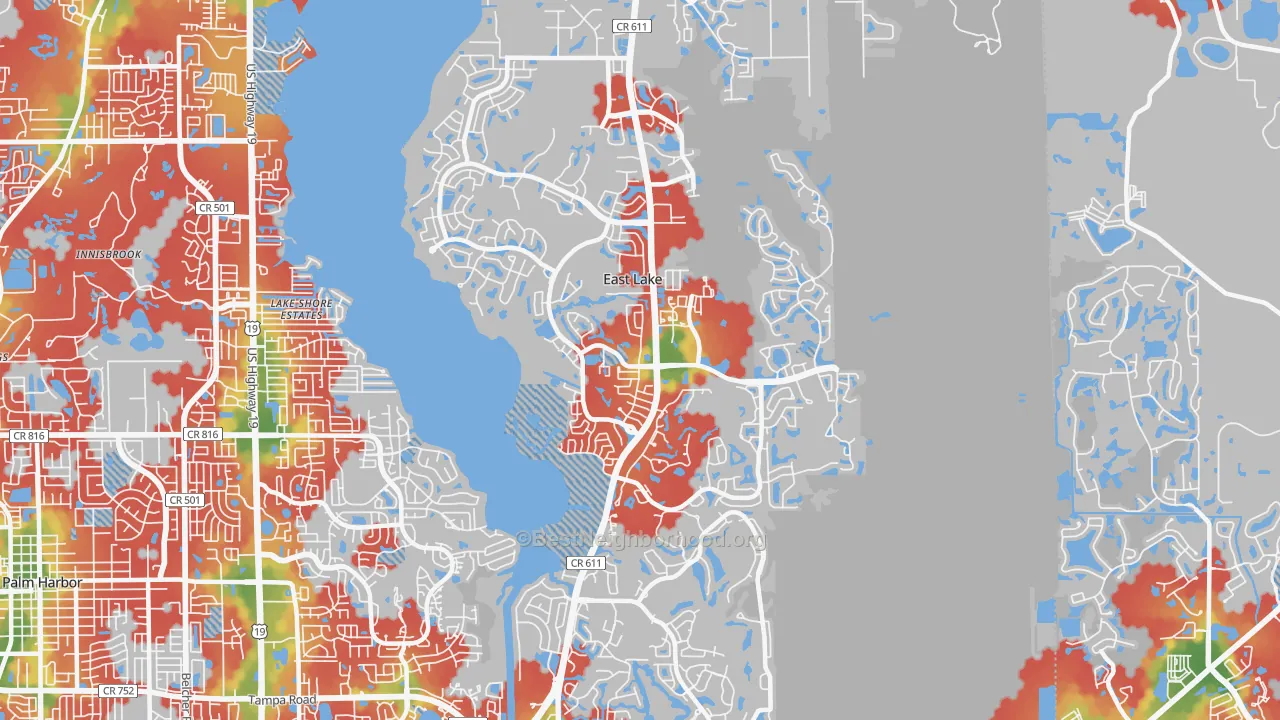 Walk Grade map of 34685, FL, walkable areas in green and car-dependent areas in red