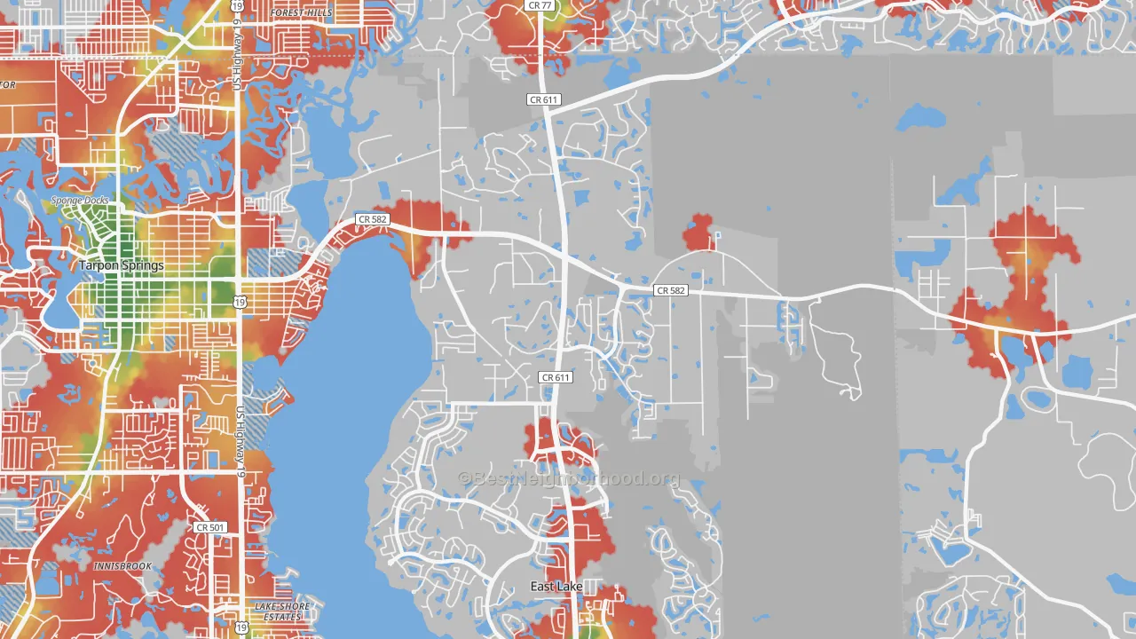 Walk Grade map of 34688, FL, walkable areas in green and car-dependent areas in red