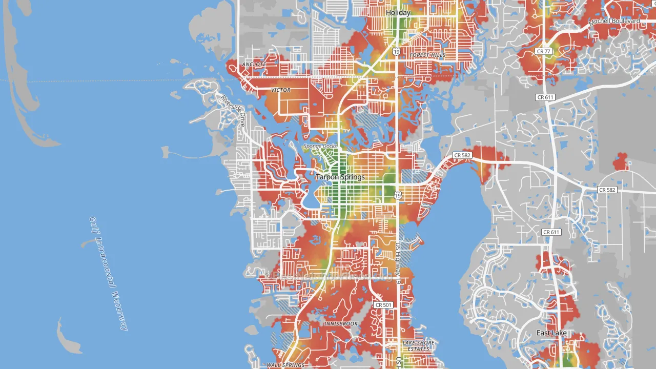 Walk Grade map of 34689, FL, walkable areas in green and car-dependent areas in red