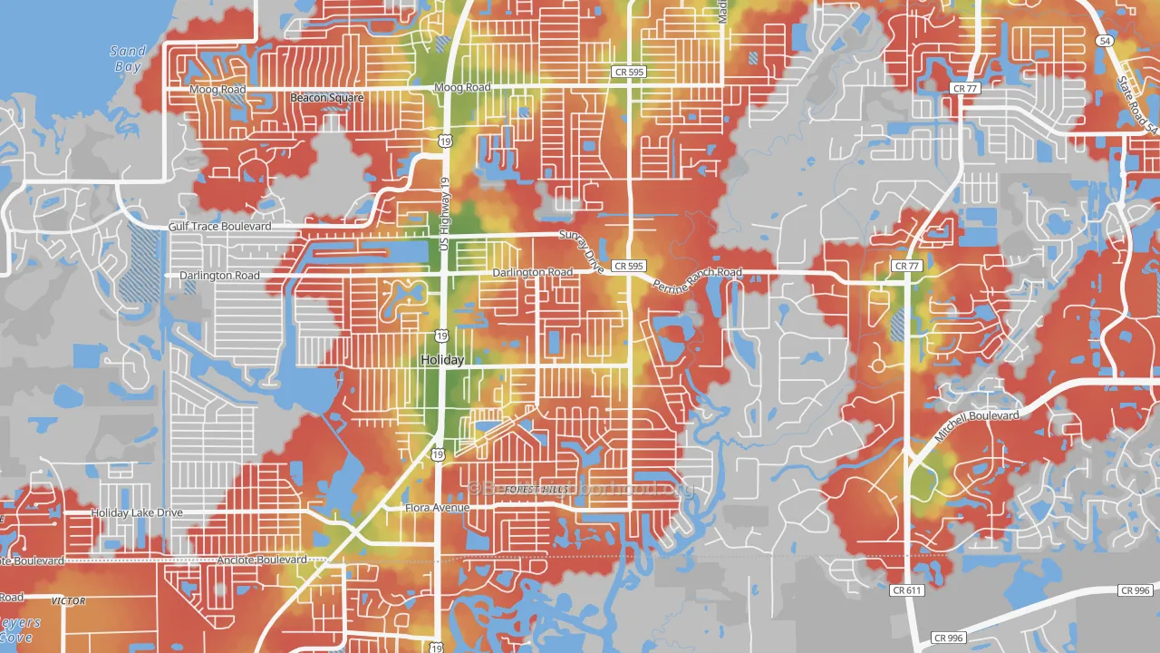 Walk Grade map of 34690, FL, walkable areas in green and car-dependent areas in red