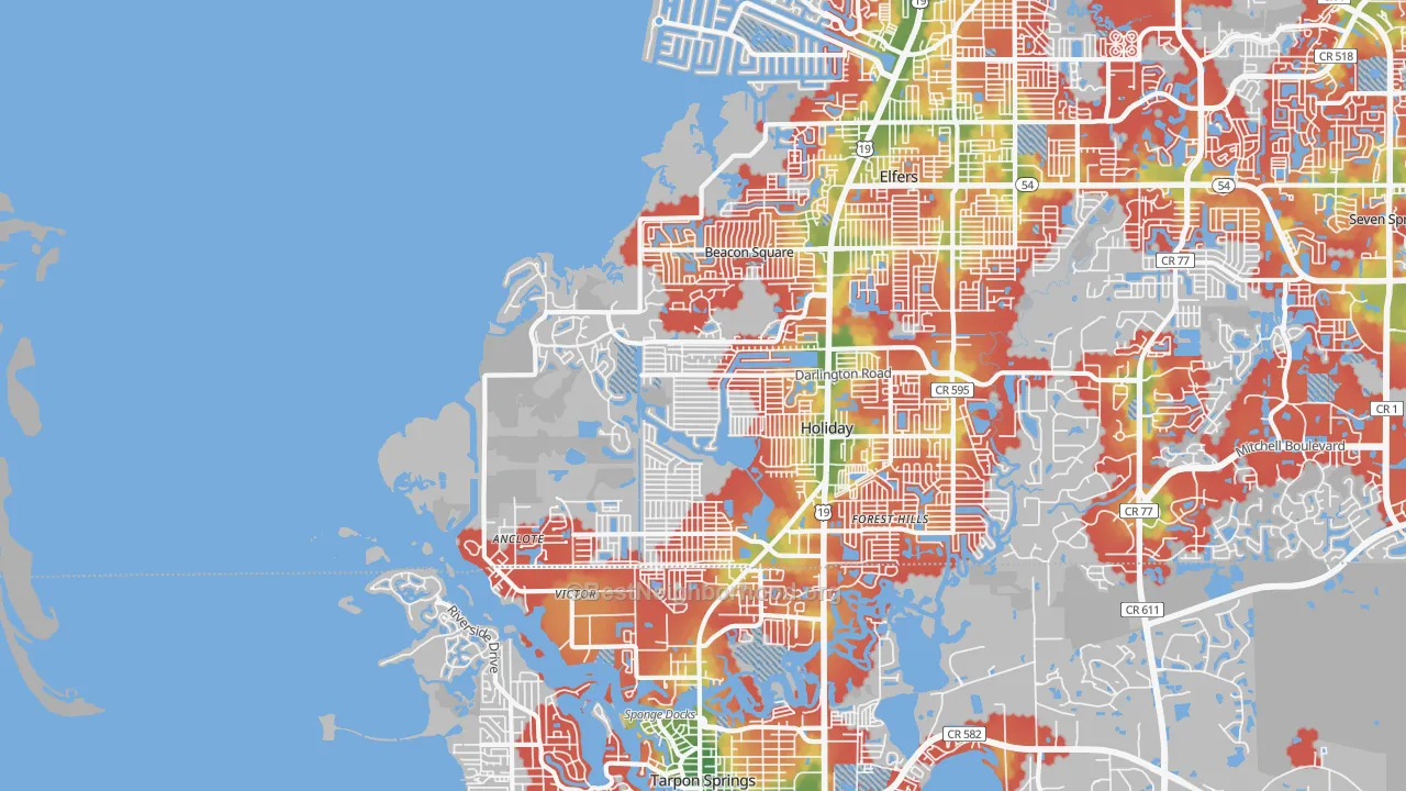 Walk Grade map of 34691, FL, walkable areas in green and car-dependent areas in red