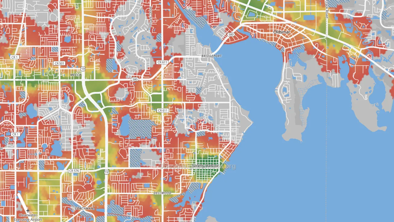 Walk Grade map of 34695, FL, walkable areas in green and car-dependent areas in red