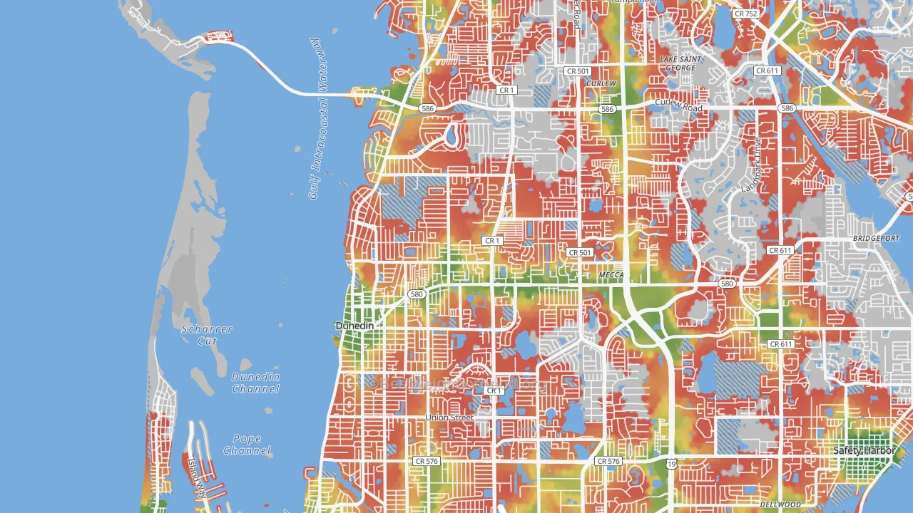Walk Grade map of 34698, FL, walkable areas in green and car-dependent areas in red