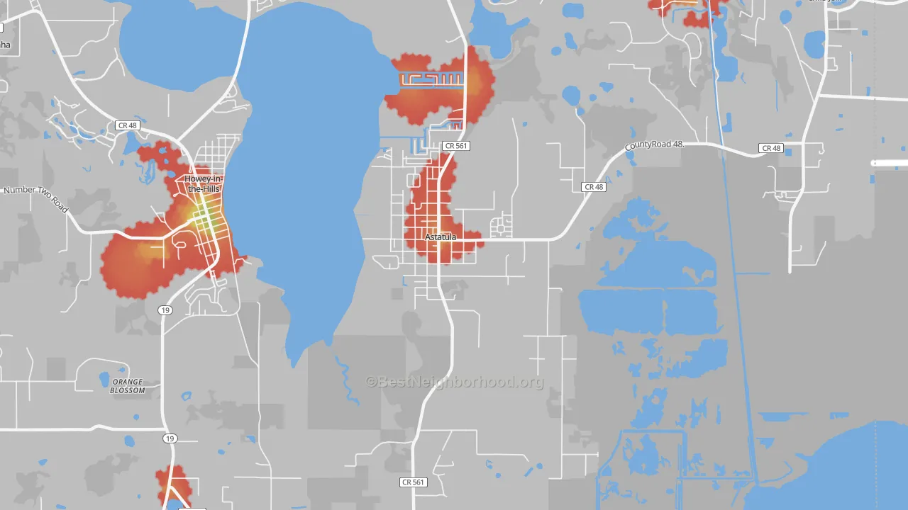 Walk Grade map of 34705, FL, walkable areas in green and car-dependent areas in red