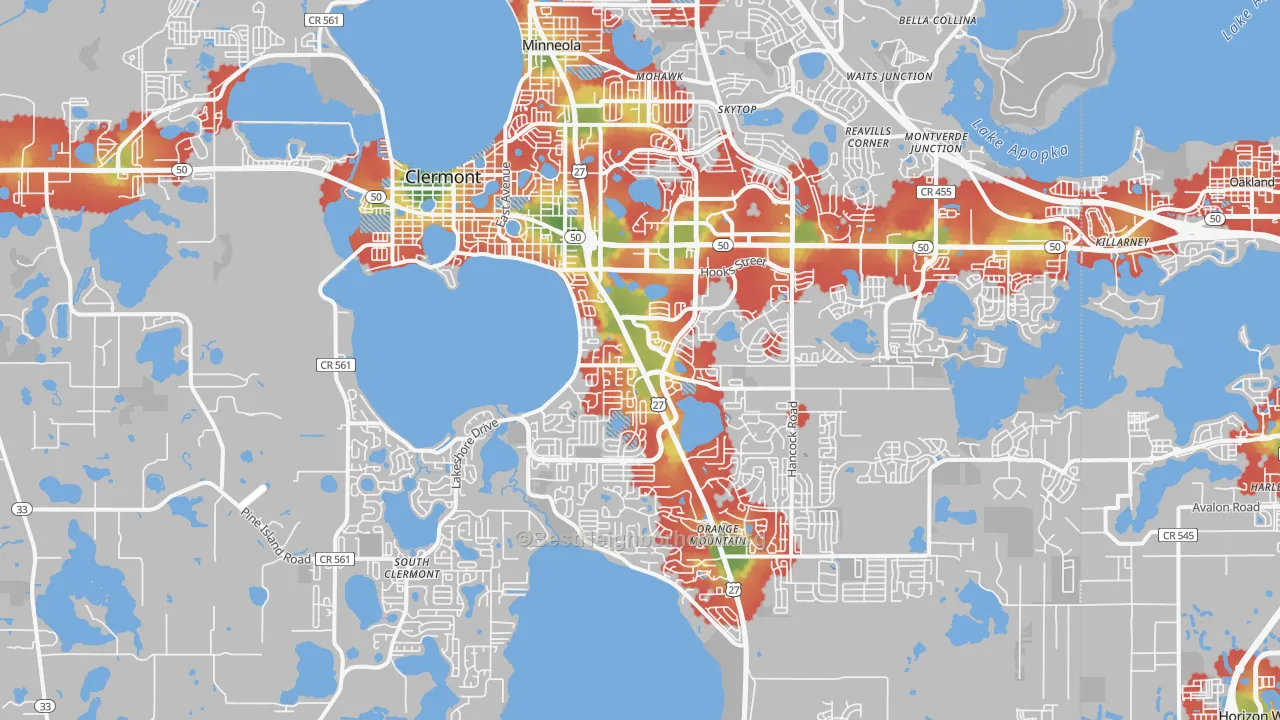 Walk Grade map of 34711, FL, walkable areas in green and car-dependent areas in red