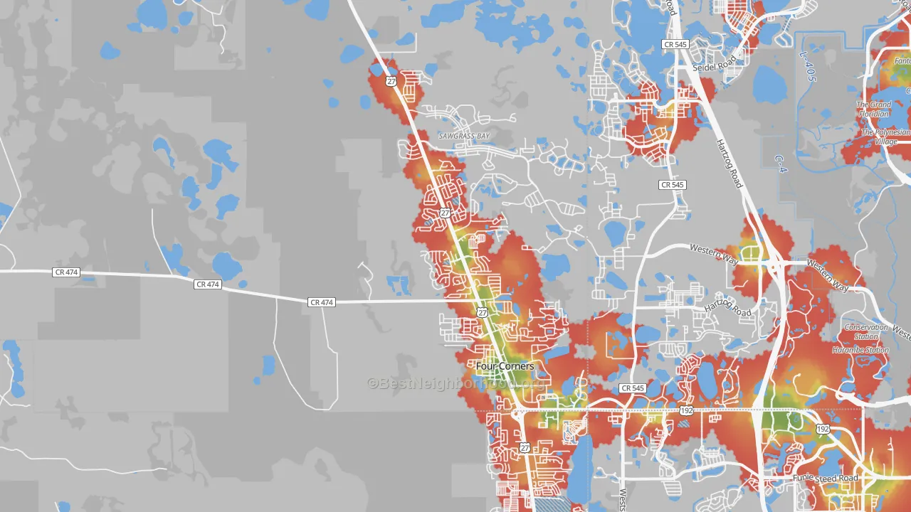 Walk Grade map of 34714, FL, walkable areas in green and car-dependent areas in red